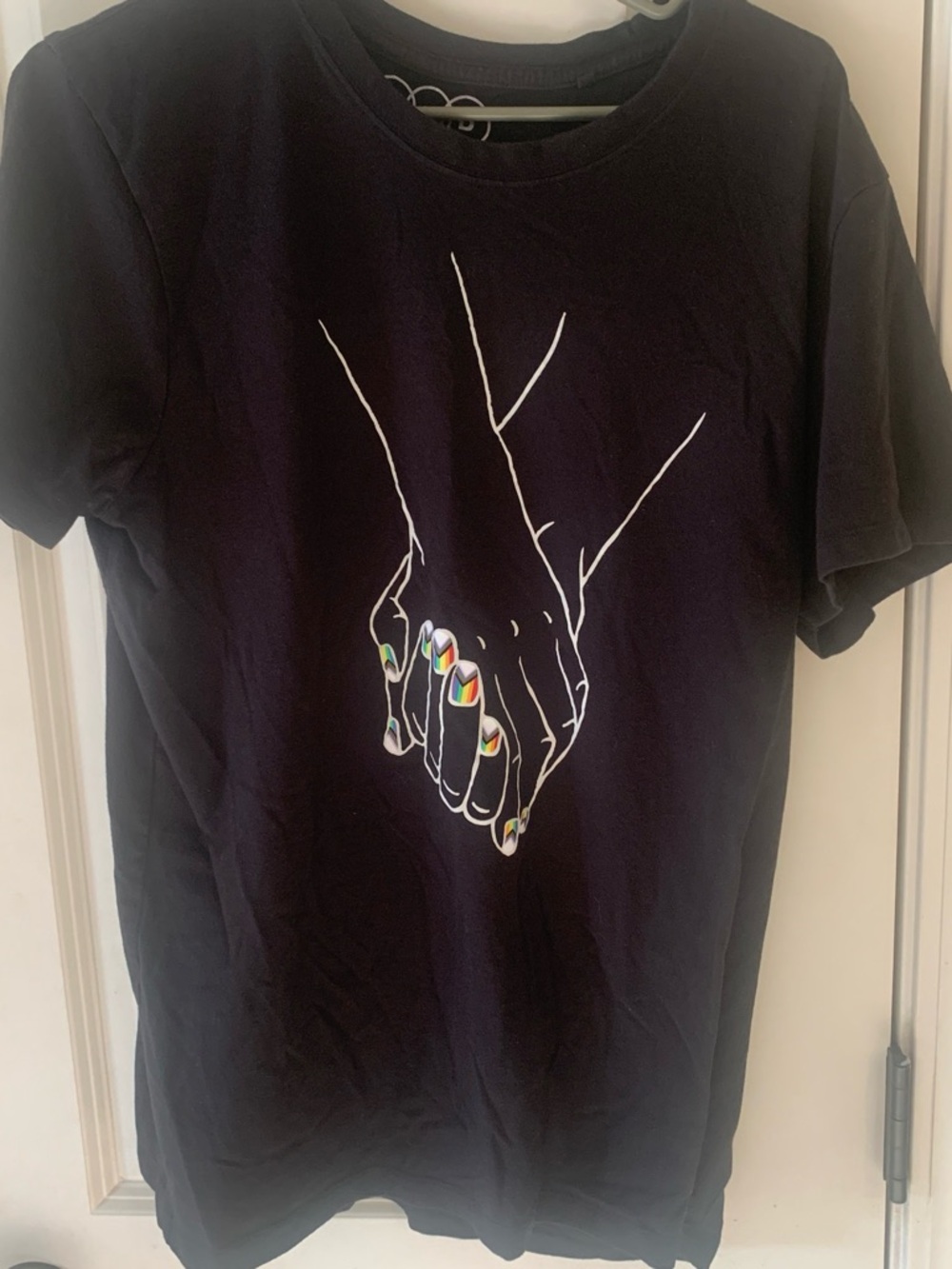 Black Graphic Tee with Holding Hands and Rainbow Nails